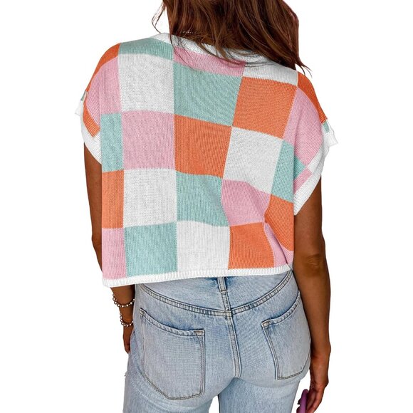 Womens Color Block Crew Neck Crop Top Summer Casual Knit Medium - Picture 4 of 5